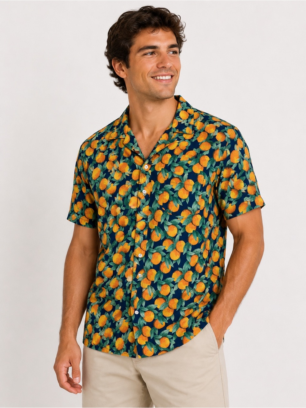 Far Afield Navy Orange Fruit Print Short Sleeve Button Up Shirt 2 Resort Camp